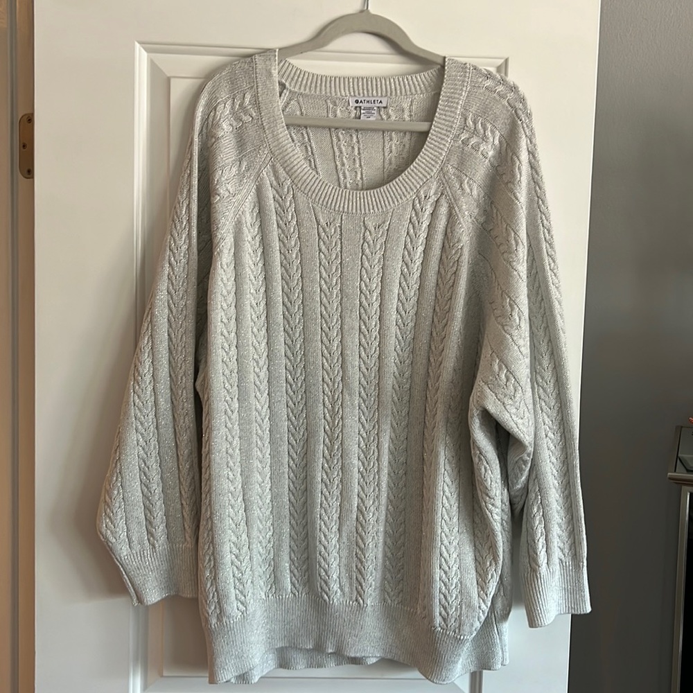 Athleta Silver Sparkly Cable Knit Sweater